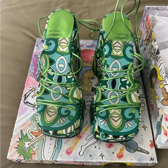 Jeffrey Campbell Green and Blue Patterned Platform Shoes - Picture 2 of 6